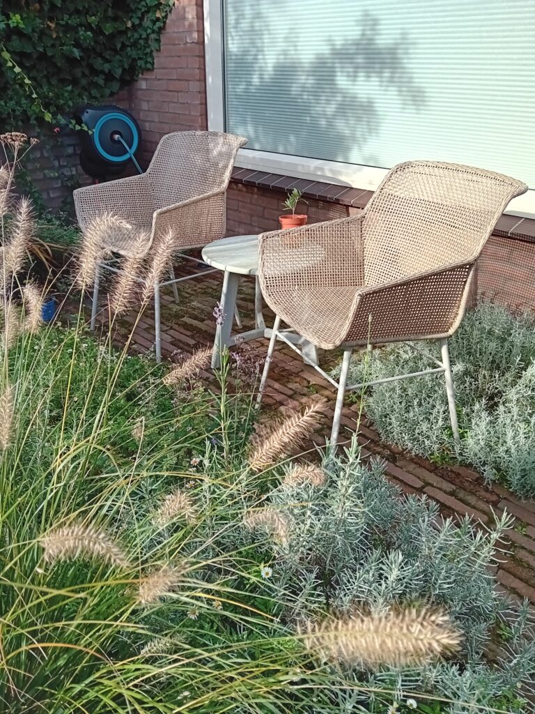 tuinontwerp en aanleg van nieuwe achtertuin in Amersfoort door ecologisch duurzaam en circulair hoveniersbedrijf "een tuin van jerry" uit Amersfoort